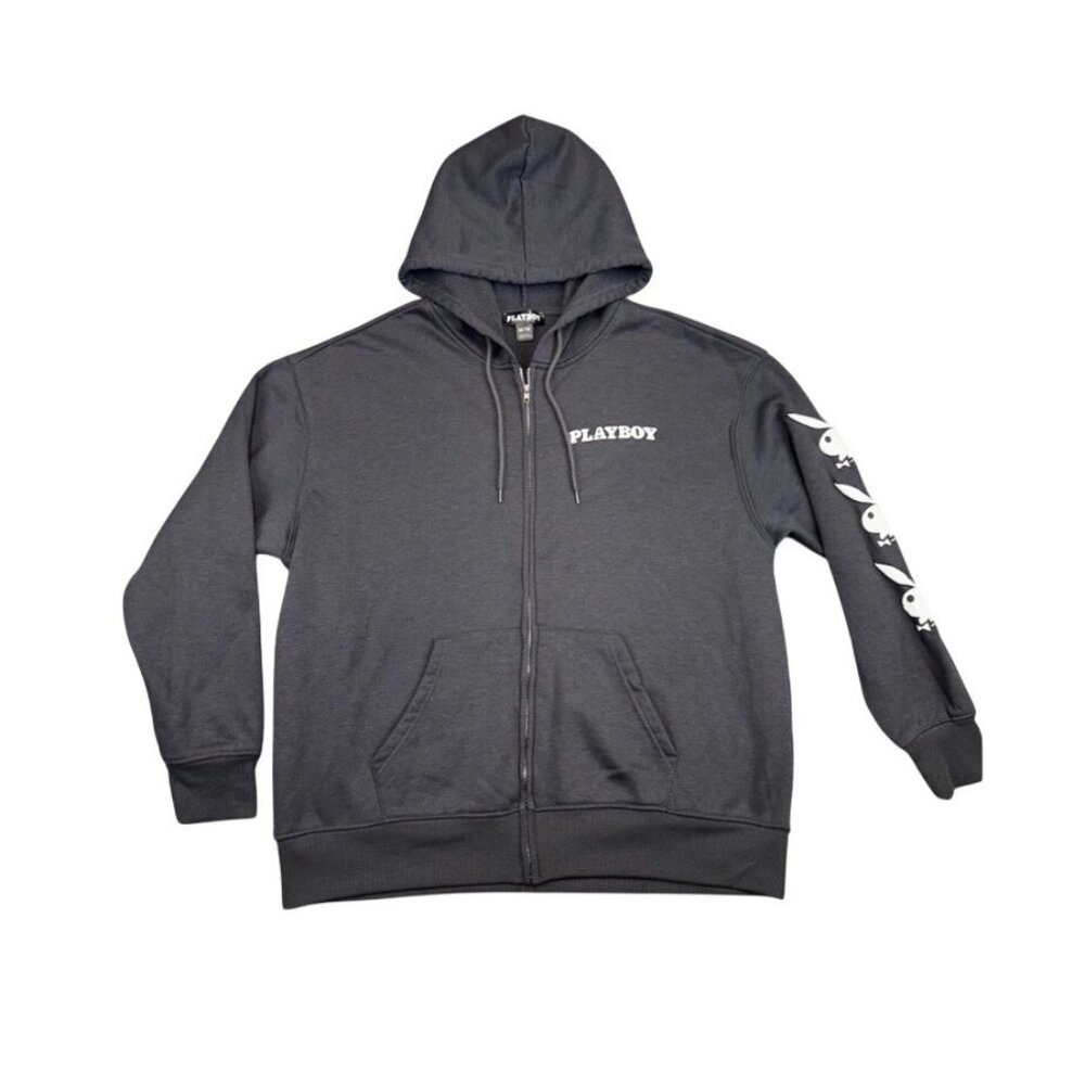 Playboy Mens Full Zip Hoodie Puff Print Logo Fleece Jacket Gray Size M